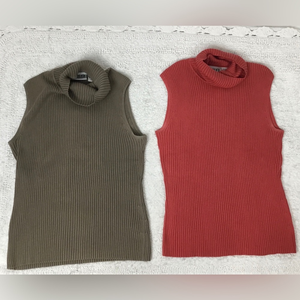 Vintage Chicos Design Silk Blend Ribbed Turtle Cowl Neck Sleeveless 2 Tops